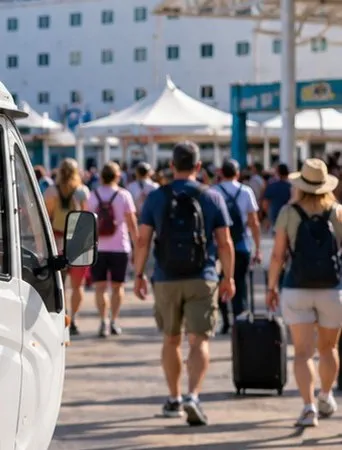 Cruise guests walking from the pier into town