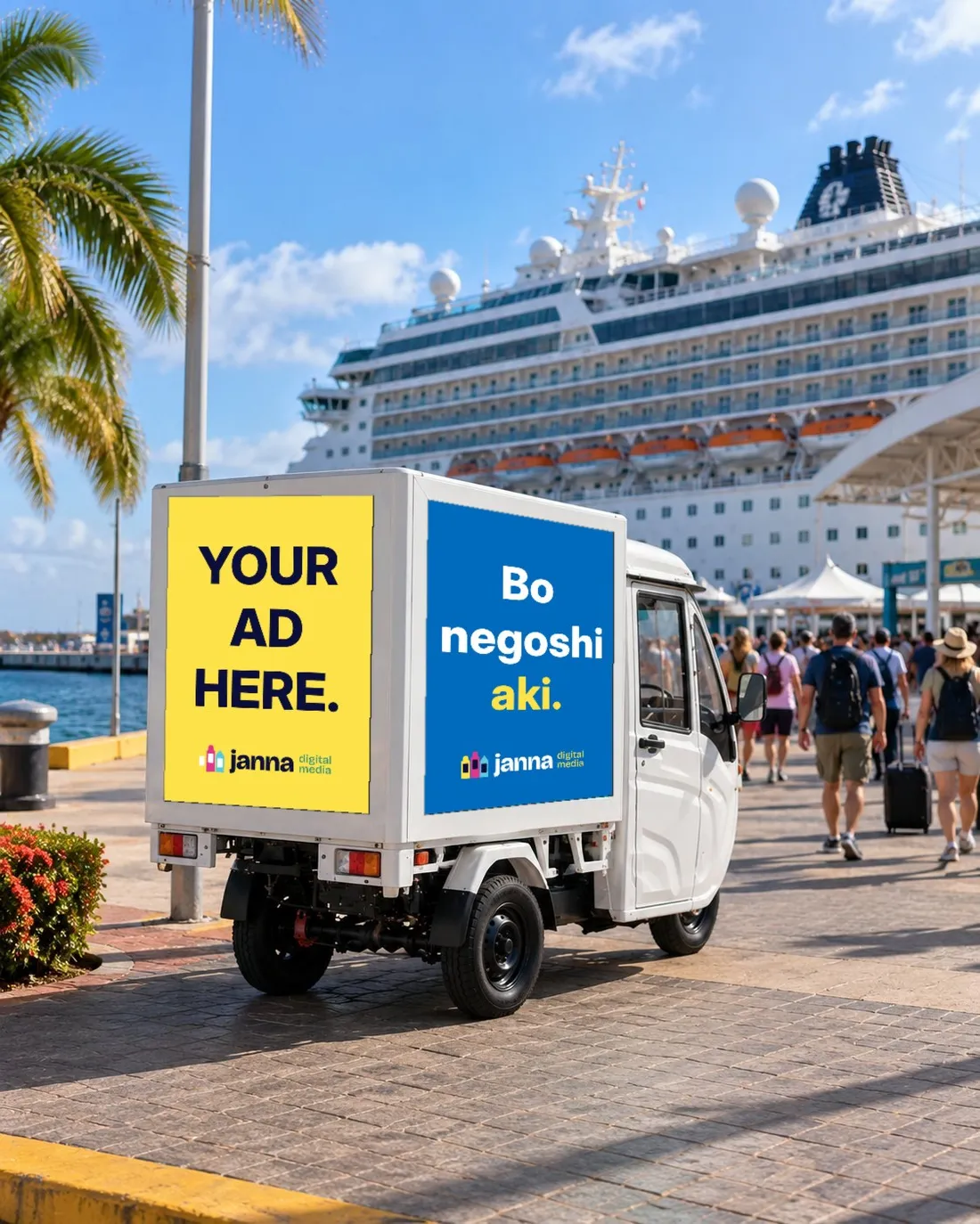The Janna tuk-tuk with its LED screens at Mega Pier, a cruise ship docked behind it and guests walking into town